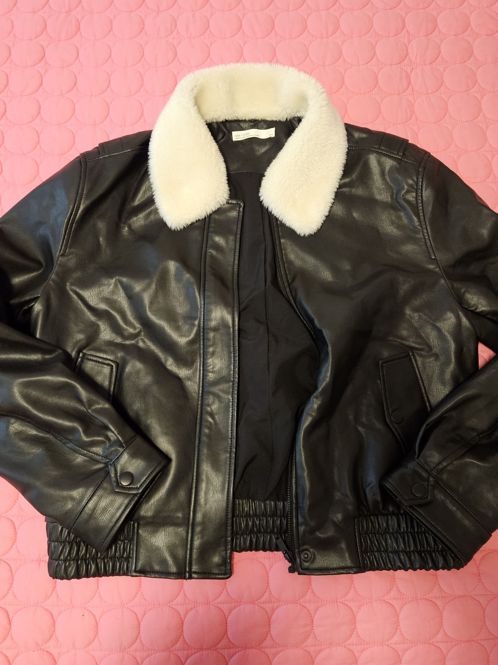 OAK + FORT Black Faux Leather Bomber with Cream Faux-Fur Collar Size Medium